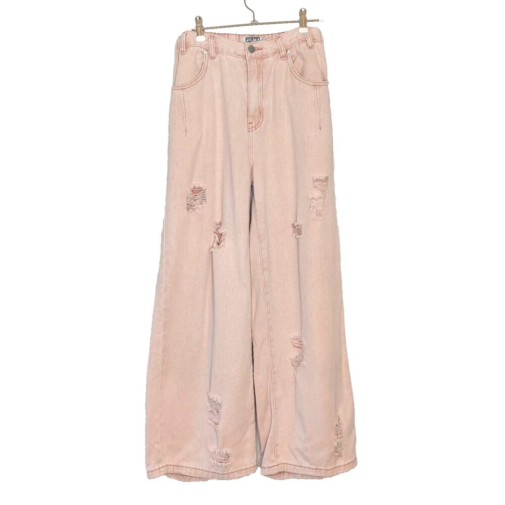 Porter Collective Womens Wide Leg Distressed Jeans Size S Pale Pink 90s Grunge